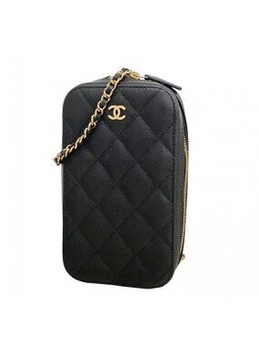 Chanel Shoulder Bag Quilted Caviar Leather Black Champagne Gold